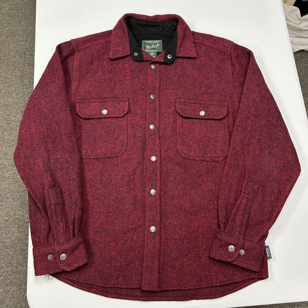 Woolrich Shirt Jacket Men M Burgundy Excellent Herringbone Wool Blend Snap Front
